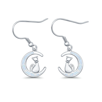 Cat on Moon Drop Dangle Earrings Lab Created White Opal 925 Sterling Silver (13mm)